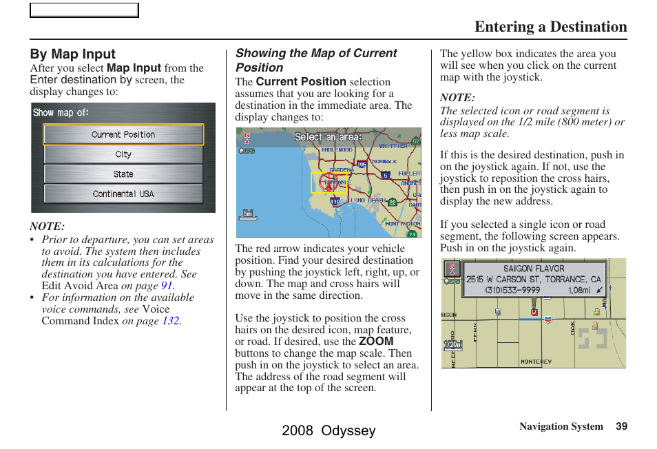 Entering a destination, 2008 odyssey | HONDA 00X31-SHJ-8101 User Manual | Page 39 / 148