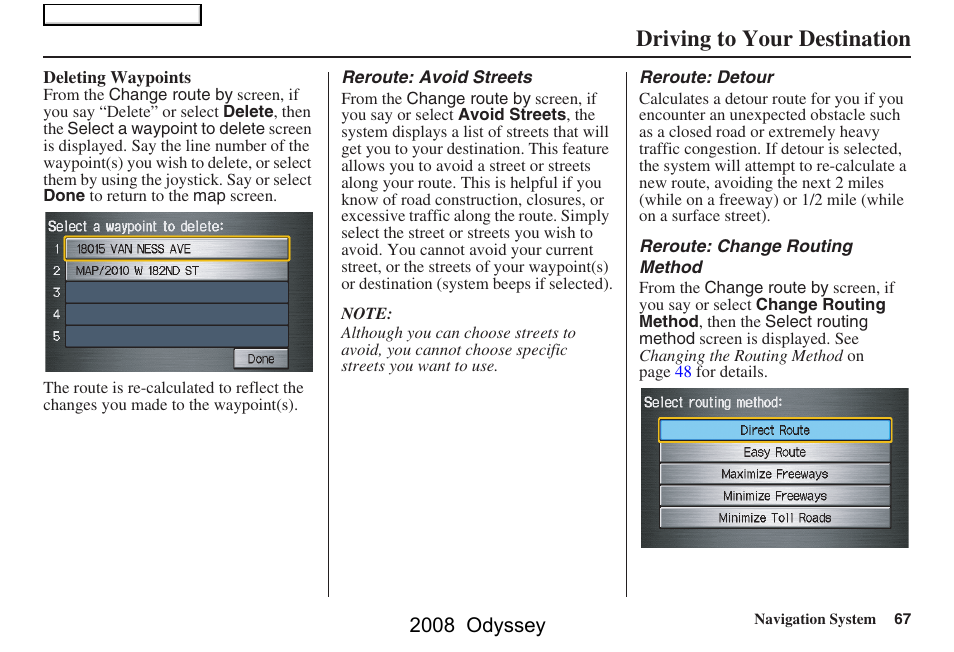 Driving to your destination, 2008 odyssey | HONDA 00X31-SHJ-8101 User Manual | Page 67 / 148