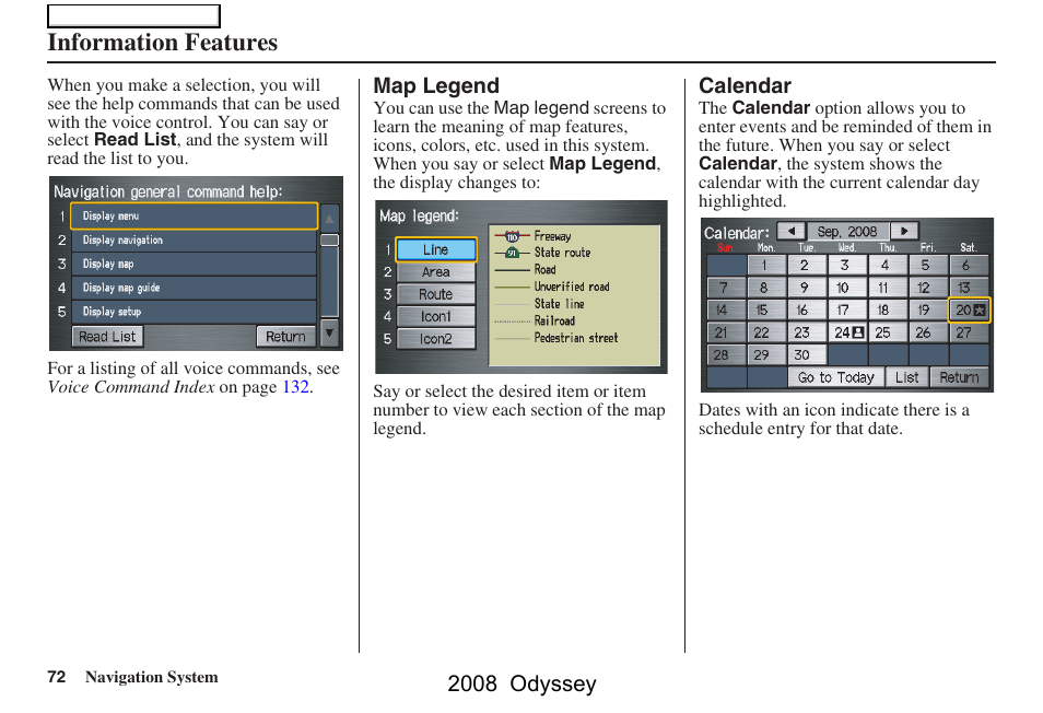 Information features, 2008 odyssey | HONDA 00X31-SHJ-8101 User Manual | Page 72 / 148