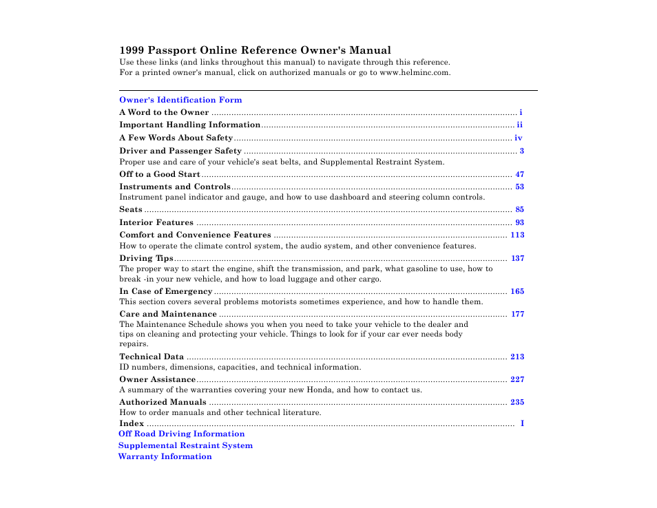 HONDA 1999 Passport User Manual | 1 page