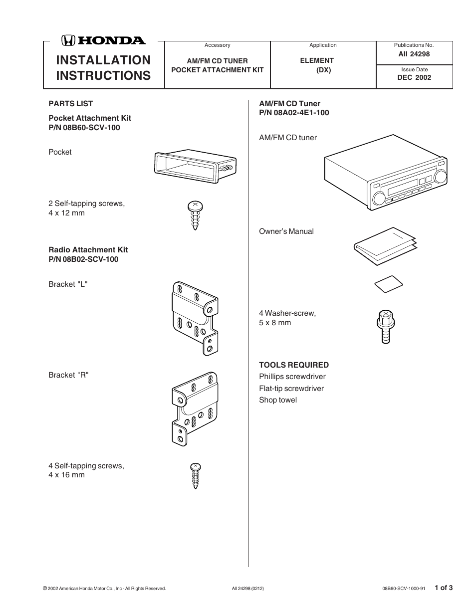 HONDA AM/FM CD TUNER POCKET ATTACHMENT KIT User Manual | 3 pages