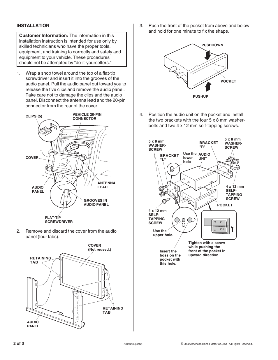 HONDA AM/FM CD TUNER POCKET ATTACHMENT KIT User Manual | Page 2 / 3