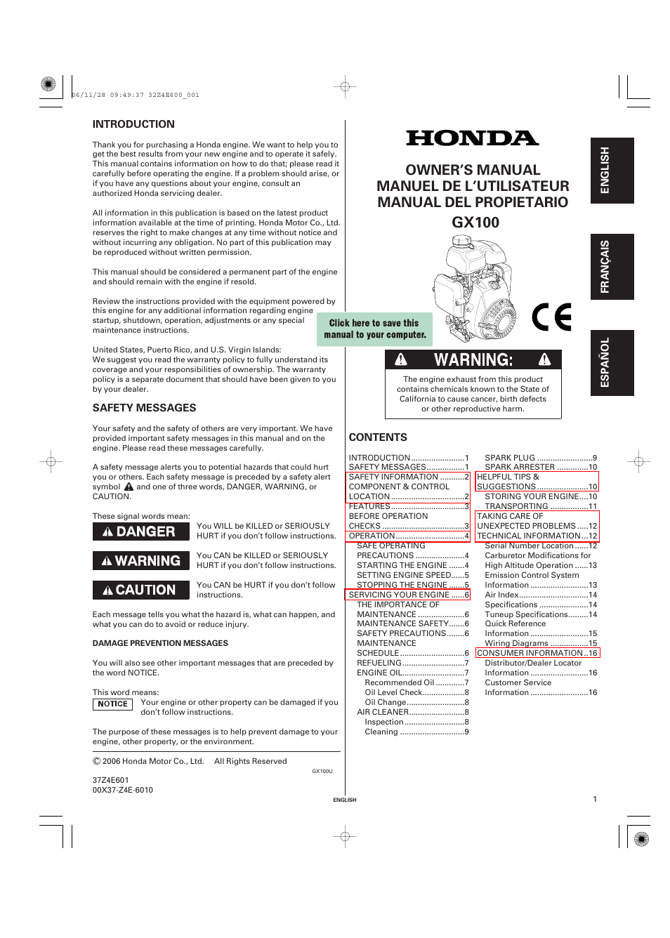 HONDA GX100 User Manual | 48 pages