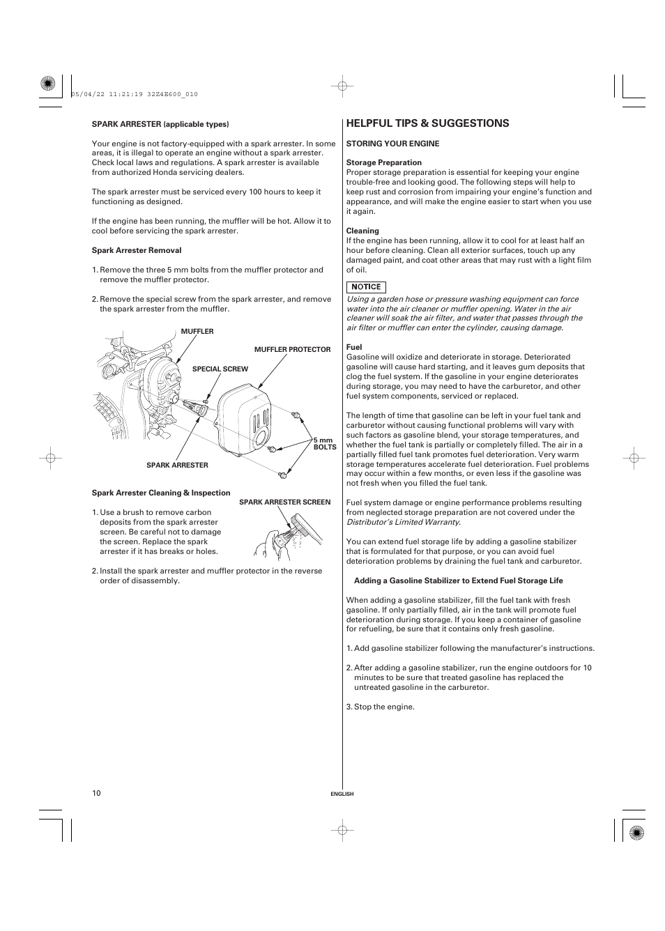 Spark arrester (applicable types), Removal, Cleaning & inspection | Helpful tips & suggestions, Storing your engine, Storage preparation, Cleaning, Fuel, Helpful tips, Suggestions | HONDA GX100 User Manual | Page 10 / 48