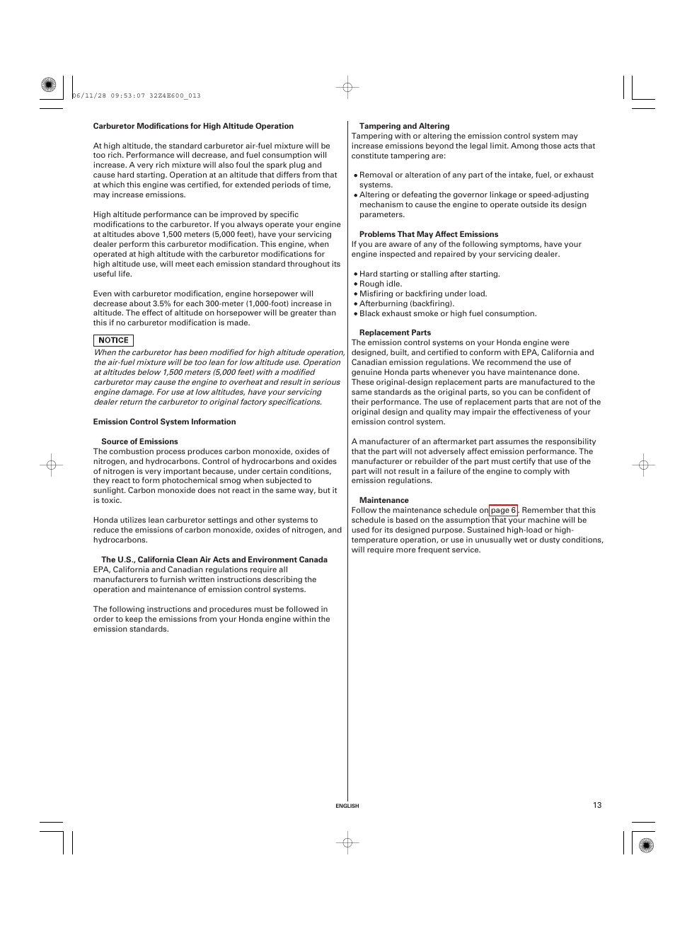 Emission control system information | HONDA GX100 User Manual | Page 13 / 48