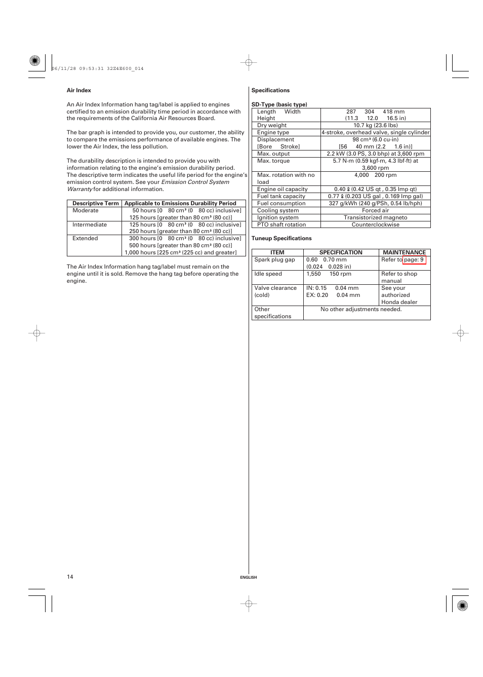 Air index, Specifications, Tuneup specifications | HONDA GX100 User Manual | Page 14 / 48