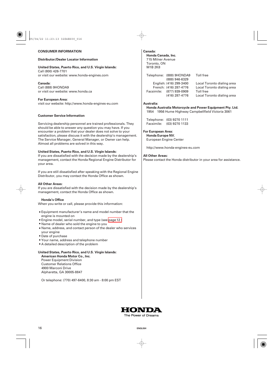 Consumer information, Distributor/dealer locator information, Customer service information | Consumer information .16 | HONDA GX100 User Manual | Page 16 / 48