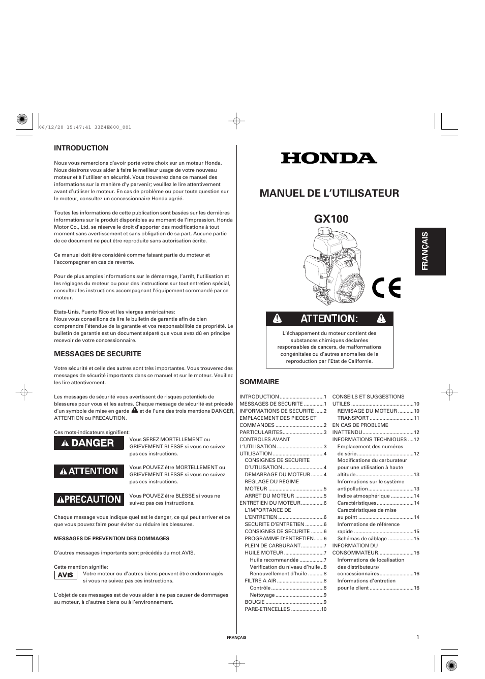 Français, Gx100, Manuel de l’utilisateur | Fr anç a is | HONDA GX100 User Manual | Page 17 / 48
