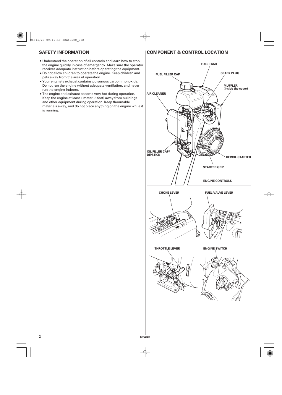 Safety information, Component & control location, Component & control | Location, Component & control location safety information | HONDA GX100 User Manual | Page 2 / 48