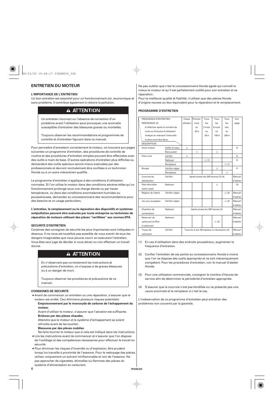 Entretien du moteur | HONDA GX100 User Manual | Page 22 / 48