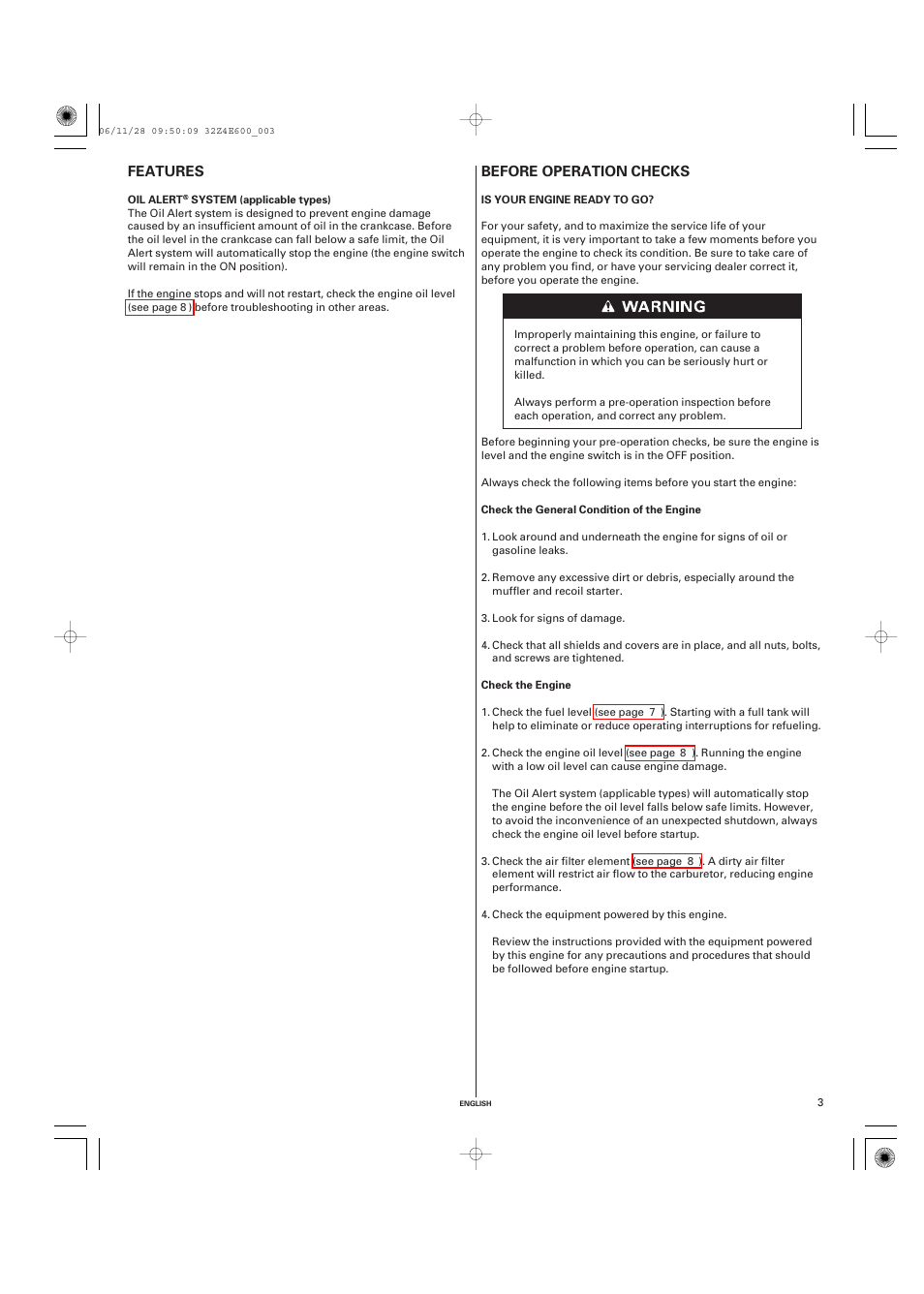 Features, Oil alert system (applicable types), Before operation checks | Is your engine ready to go, Before operation, Checks, Before operation checks features | HONDA GX100 User Manual | Page 3 / 48