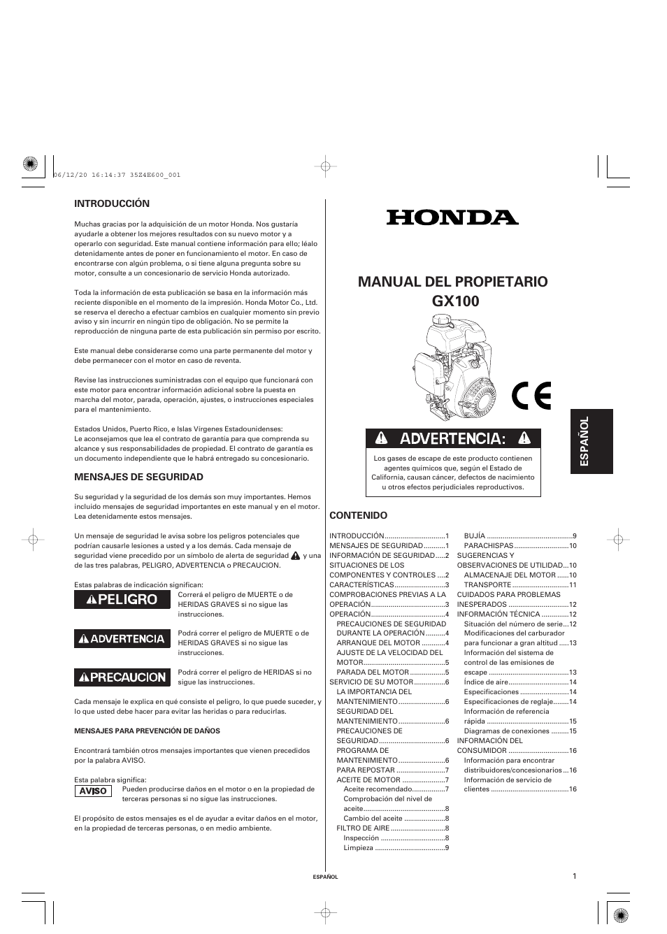 Español, Gx100, Manual del propietario | HONDA GX100 User Manual | Page 33 / 48