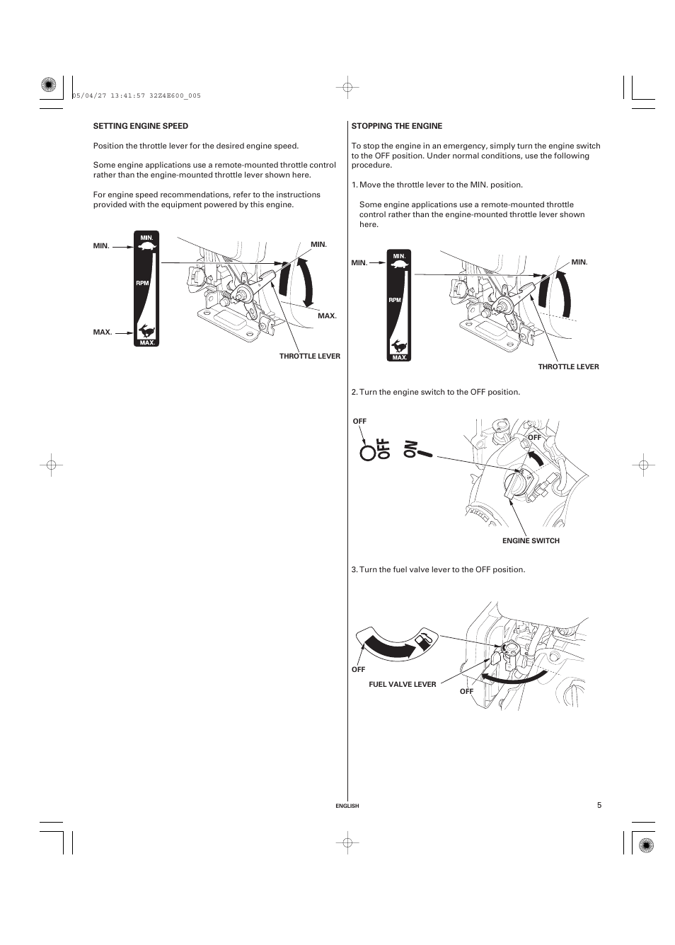 Setting engine speed, Stopping the engine | HONDA GX100 User Manual | Page 5 / 48