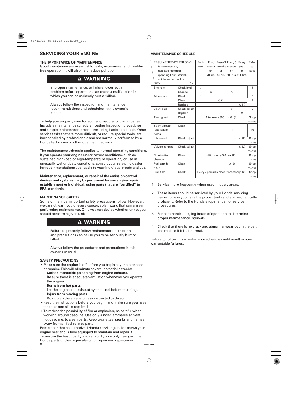 Servicing your engine, The importance of maintenance, Maintenance safety | Safety precautions, Maintenance schedule | HONDA GX100 User Manual | Page 6 / 48
