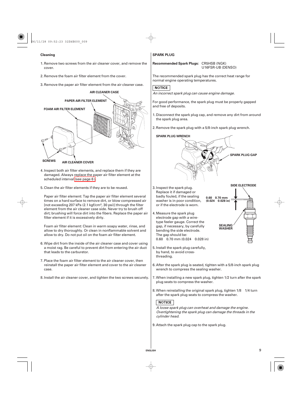 Cleaning, Spark plug, Recommended spark plugs | HONDA GX100 User Manual | Page 9 / 48