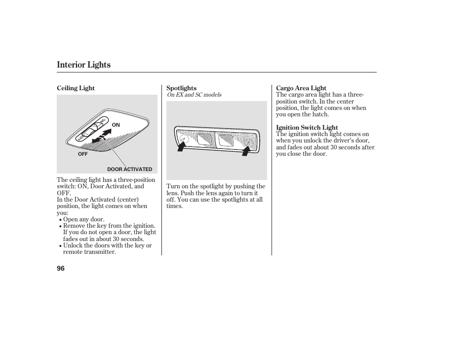 Interior lights | HONDA 2008 Element User Manual | Page 102 / 282