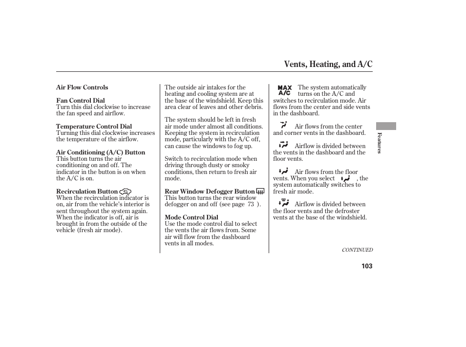 Vents, heating, and a/c | HONDA 2008 Element User Manual | Page 109 / 282