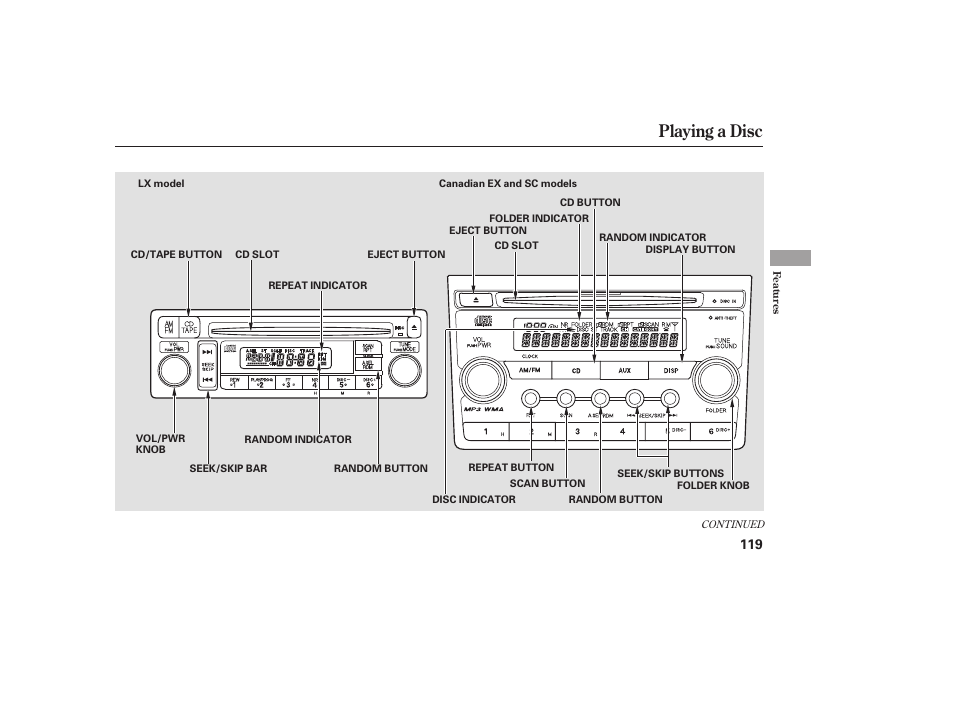 Playing a disc | HONDA 2008 Element User Manual | Page 125 / 282