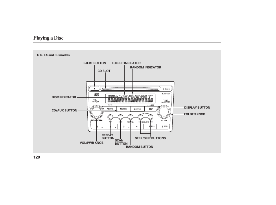 Playing a disc | HONDA 2008 Element User Manual | Page 126 / 282