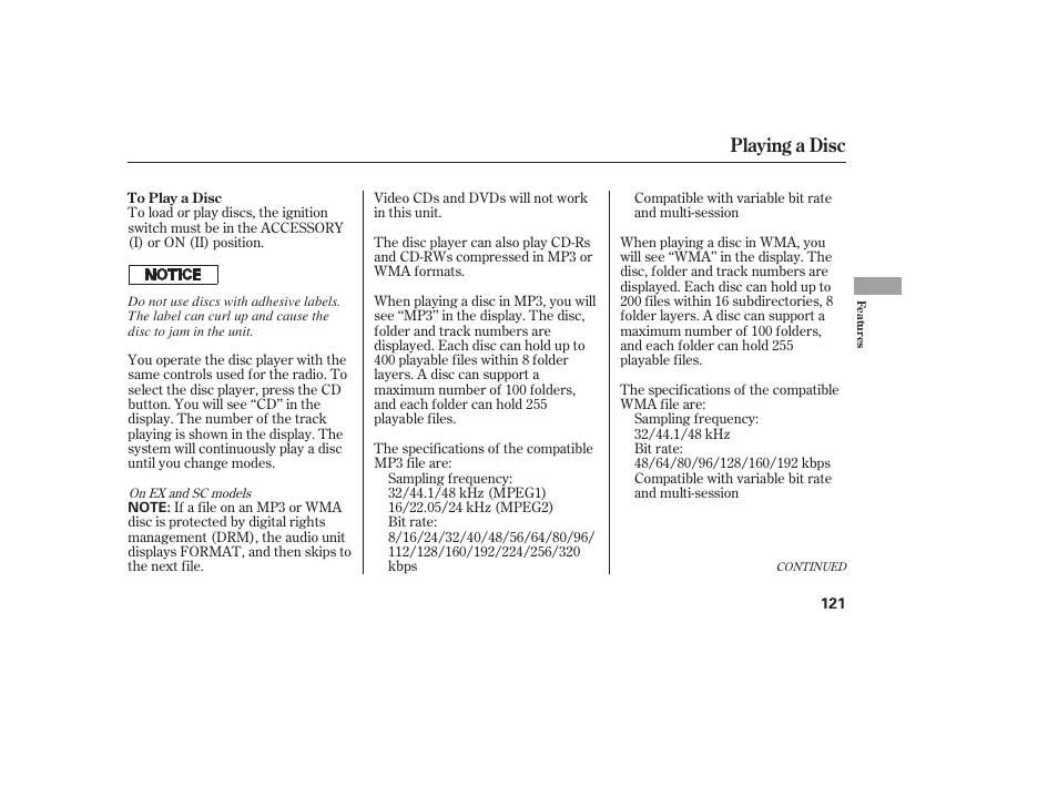 Playing a disc | HONDA 2008 Element User Manual | Page 127 / 282