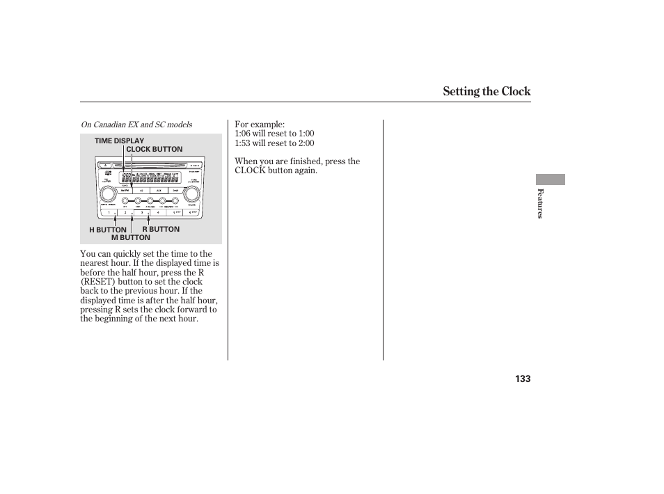 Setting the clock | HONDA 2008 Element User Manual | Page 139 / 282