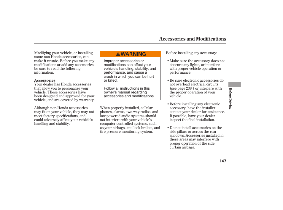 Accessories and modifications | HONDA 2008 Element User Manual | Page 153 / 282
