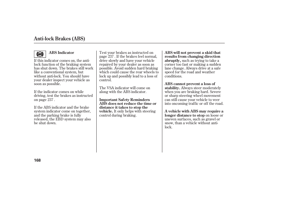 Anti-lock brakes (abs) | HONDA 2008 Element User Manual | Page 174 / 282