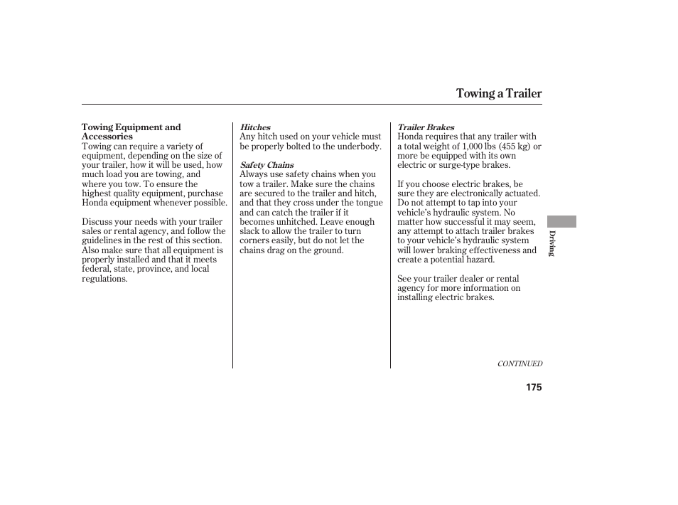 Towing a trailer | HONDA 2008 Element User Manual | Page 181 / 282