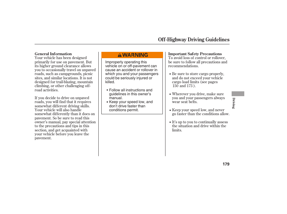 Off-highway driving guidelines | HONDA 2008 Element User Manual | Page 185 / 282