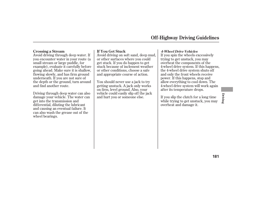 Off-highway driving guidelines | HONDA 2008 Element User Manual | Page 187 / 282