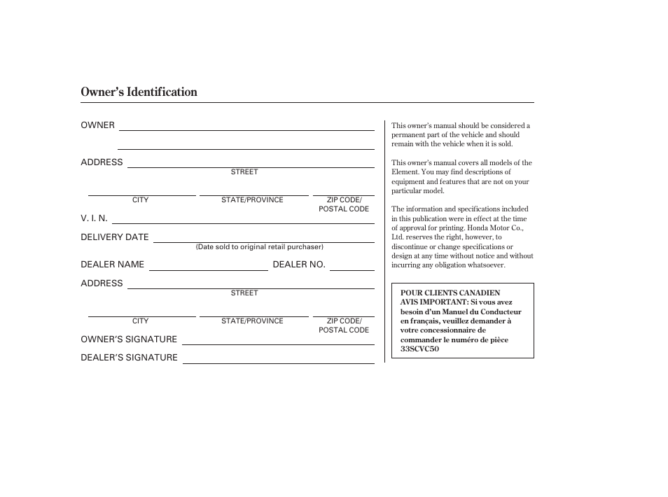 Owner’s identification | HONDA 2008 Element User Manual | Page 2 / 282