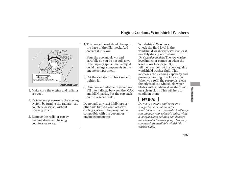 Engine coolant, windshield washers | HONDA 2008 Element User Manual | Page 203 / 282