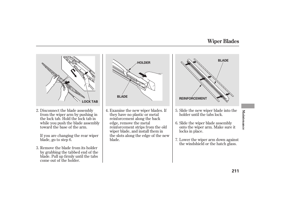 Wiper blades | HONDA 2008 Element User Manual | Page 217 / 282