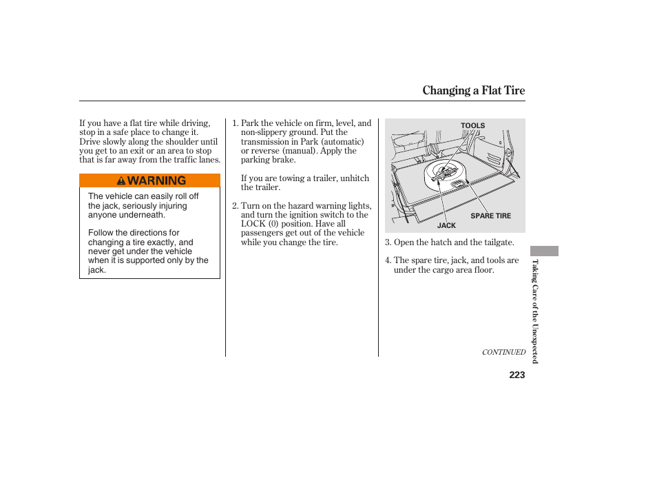 Changing a flat tire | HONDA 2008 Element User Manual | Page 229 / 282