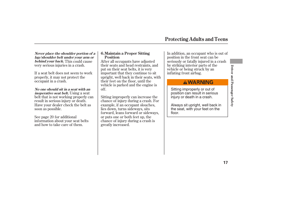 Protecting adults and teens | HONDA 2008 Element User Manual | Page 23 / 282