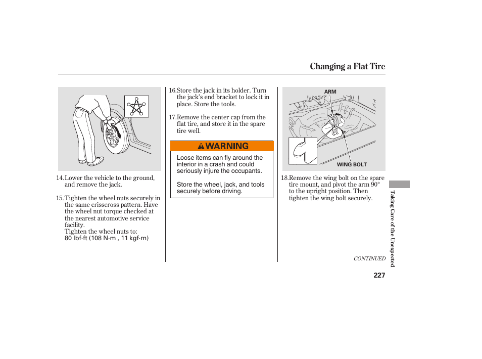 Changing a flat tire | HONDA 2008 Element User Manual | Page 233 / 282