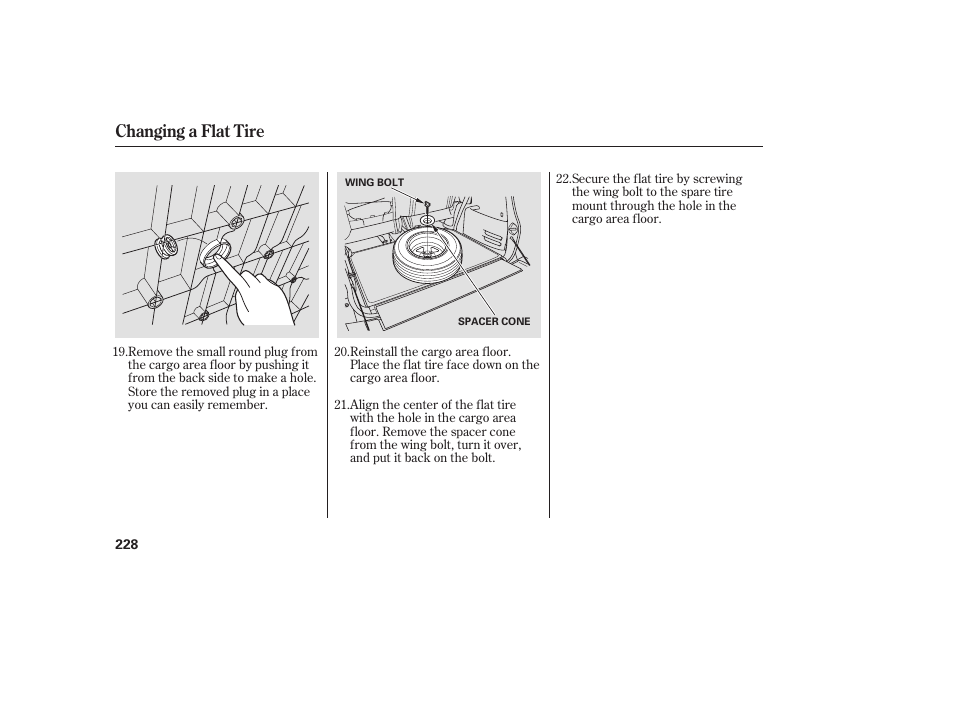 Changing a flat tire | HONDA 2008 Element User Manual | Page 234 / 282