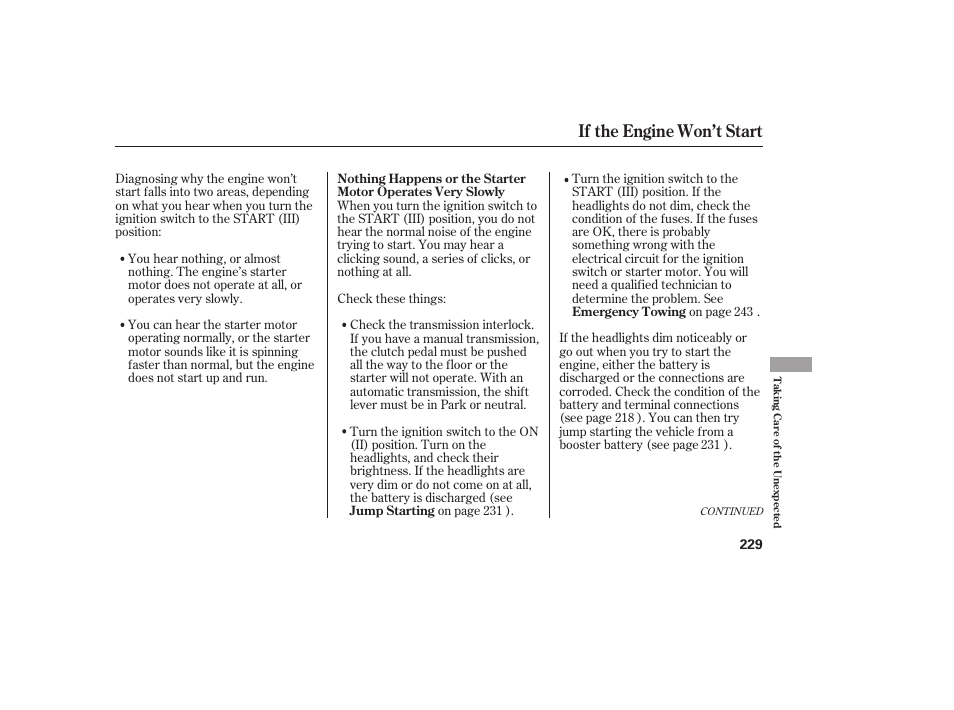 If the engine won’t start | HONDA 2008 Element User Manual | Page 235 / 282