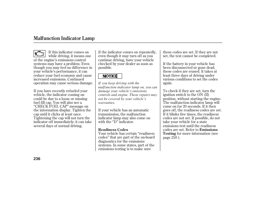 Malfunction indicator lamp | HONDA 2008 Element User Manual | Page 242 / 282