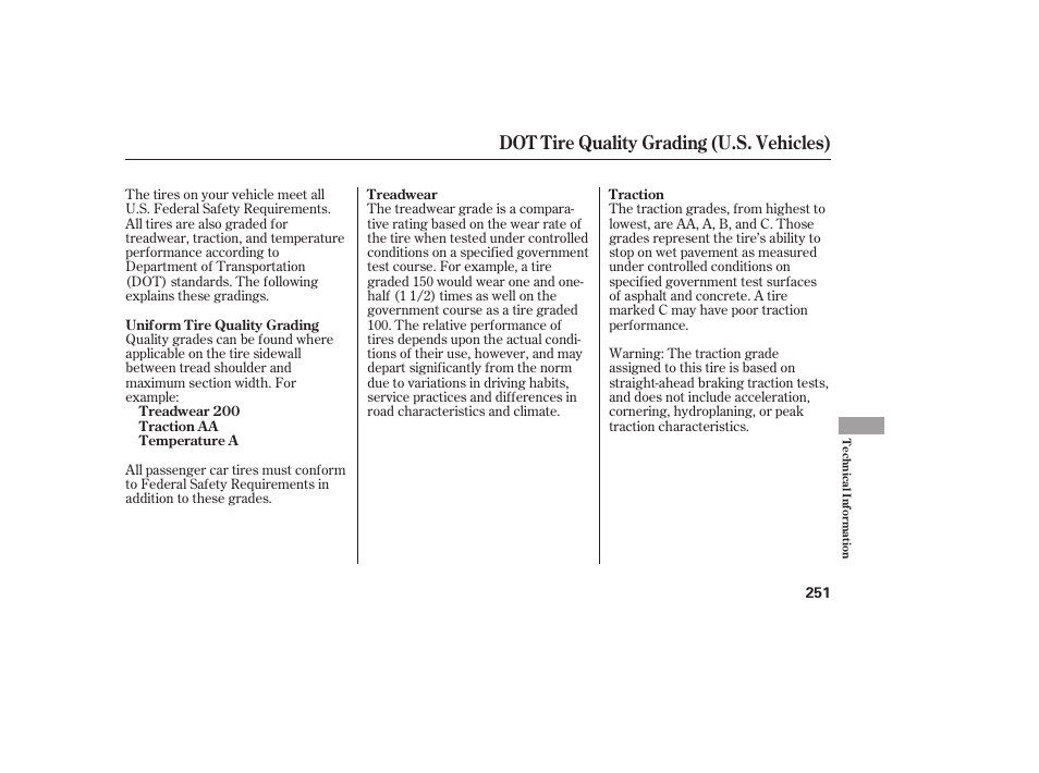 Dot tire quality grading (u.s. vehicles) | HONDA 2008 Element User Manual | Page 257 / 282
