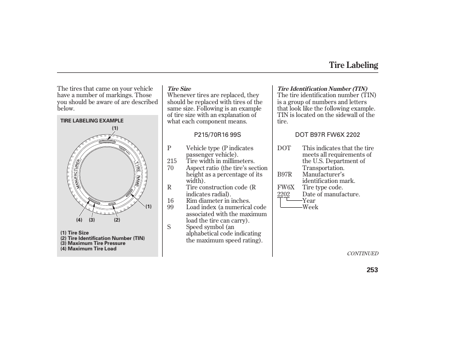 Tire labeling | HONDA 2008 Element User Manual | Page 259 / 282