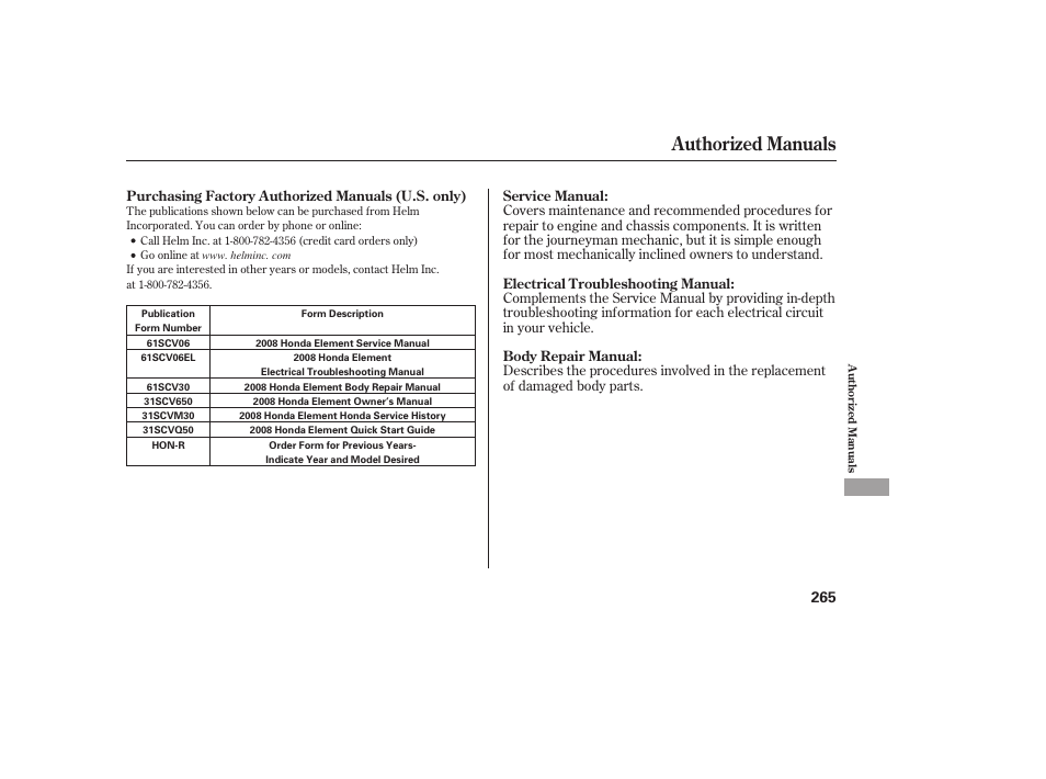 Authorized manuals | HONDA 2008 Element User Manual | Page 271 / 282