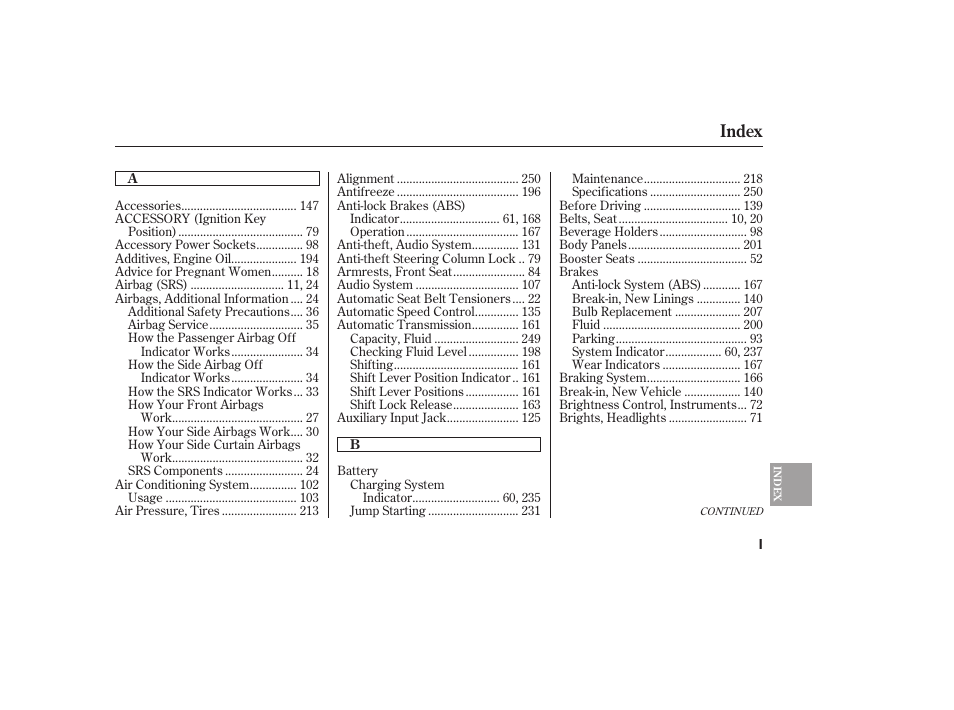 Index | HONDA 2008 Element User Manual | Page 273 / 282
