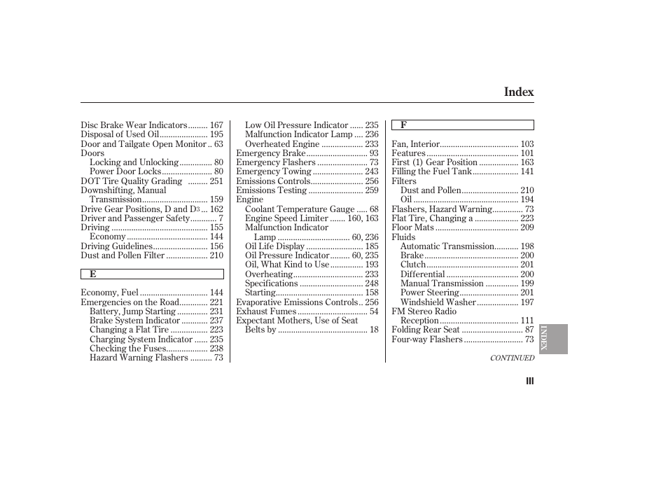 Index | HONDA 2008 Element User Manual | Page 275 / 282