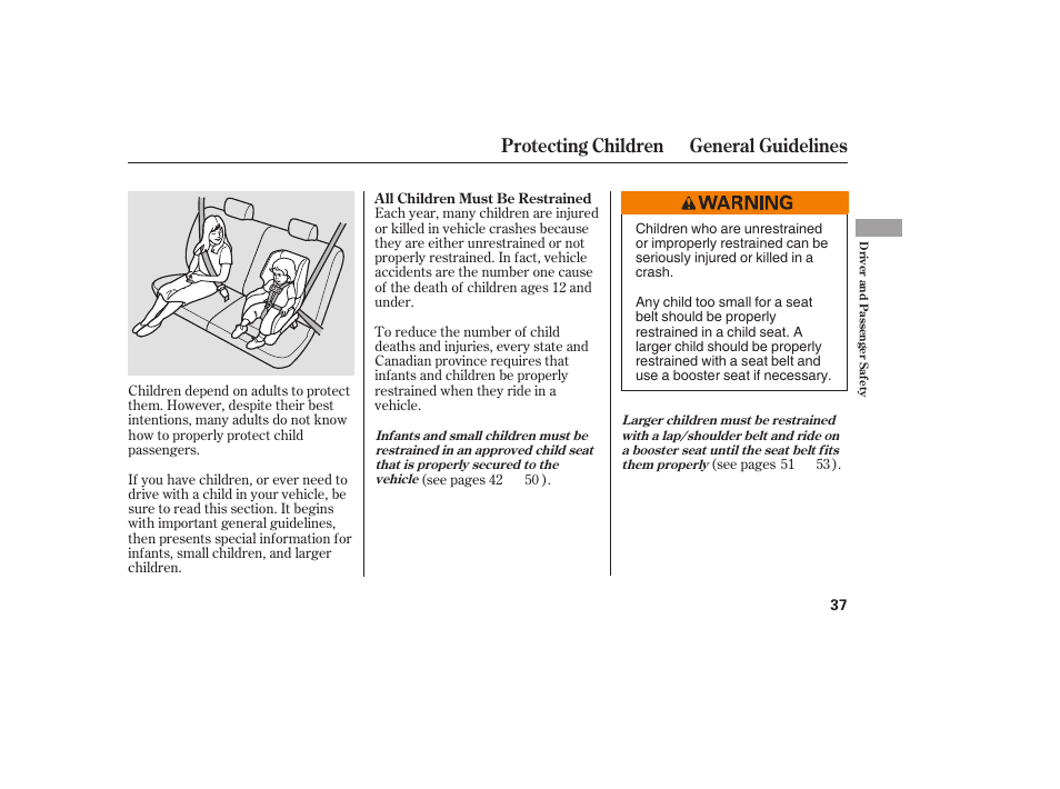 Protecting children general guidelines | HONDA 2008 Element User Manual | Page 43 / 282