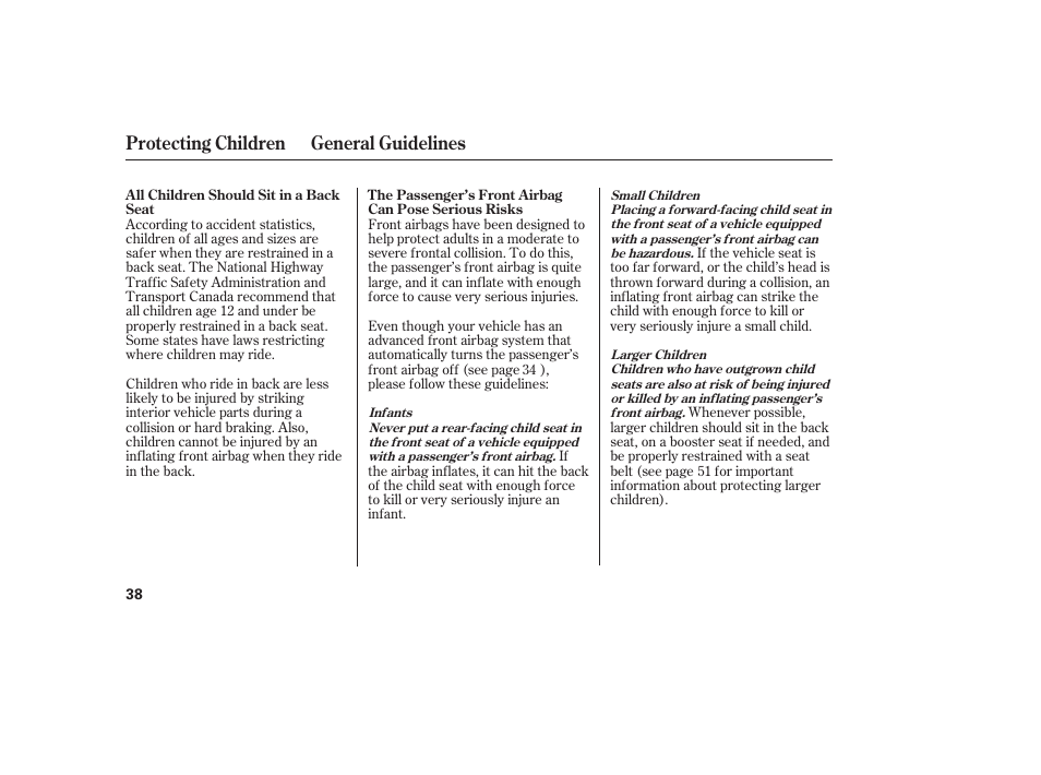 Protecting children general guidelines | HONDA 2008 Element User Manual | Page 44 / 282