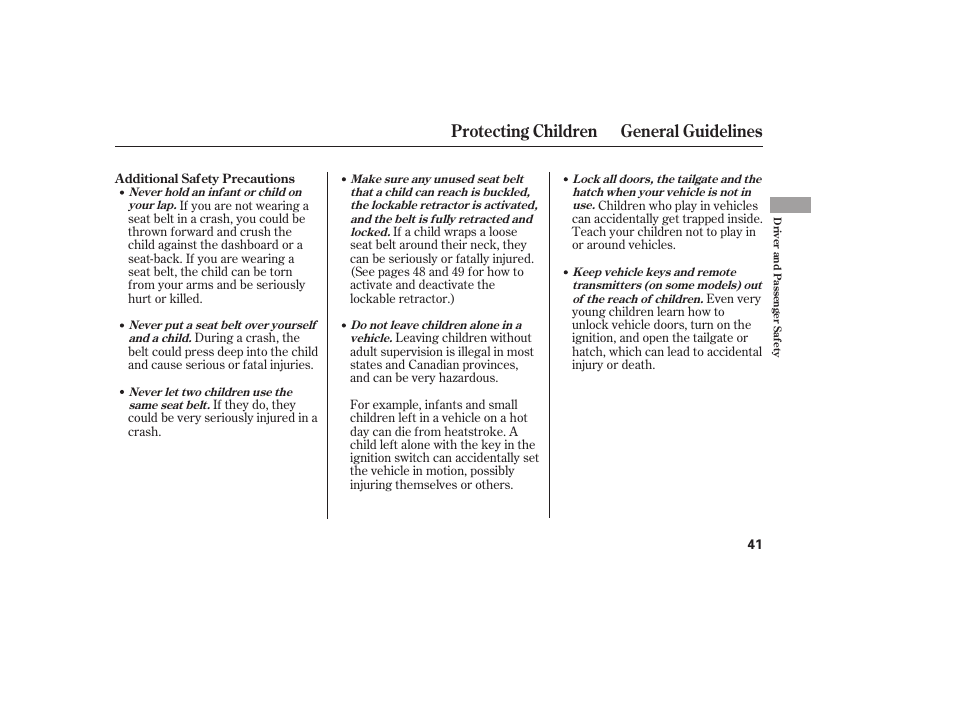 Protecting children general guidelines | HONDA 2008 Element User Manual | Page 47 / 282