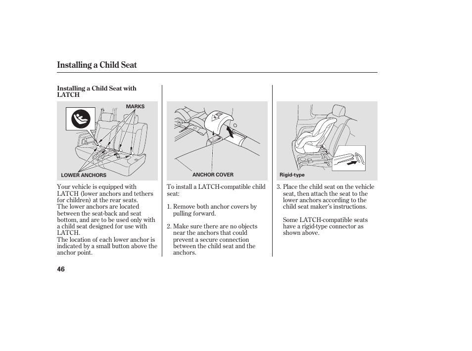 Installing a child seat | HONDA 2008 Element User Manual | Page 52 / 282