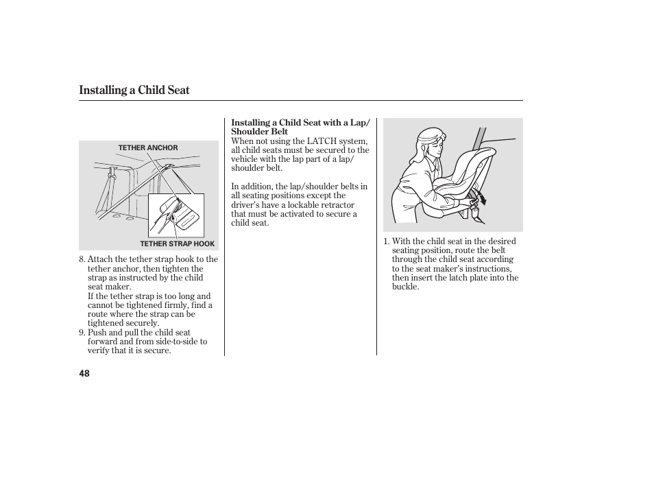 Installing a child seat | HONDA 2008 Element User Manual | Page 54 / 282