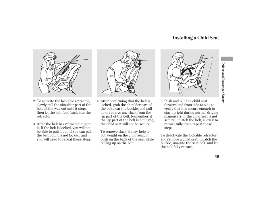 Installing a child seat | HONDA 2008 Element User Manual | Page 55 / 282